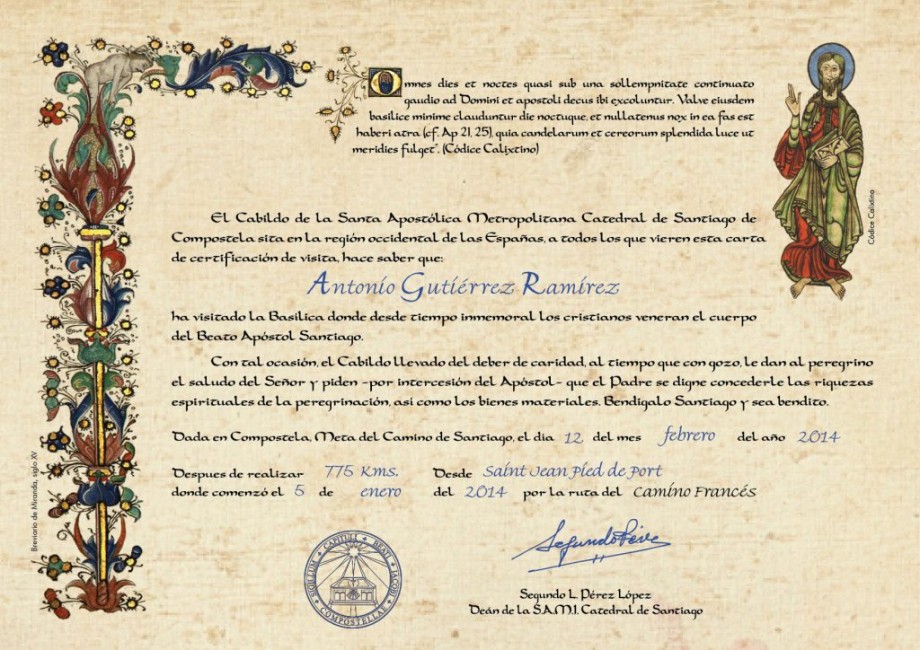 Certificado de distancia del Camino de Santiago