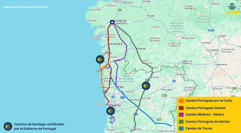 Mapa con las rutas del Camino de Santiago desde Portugal
