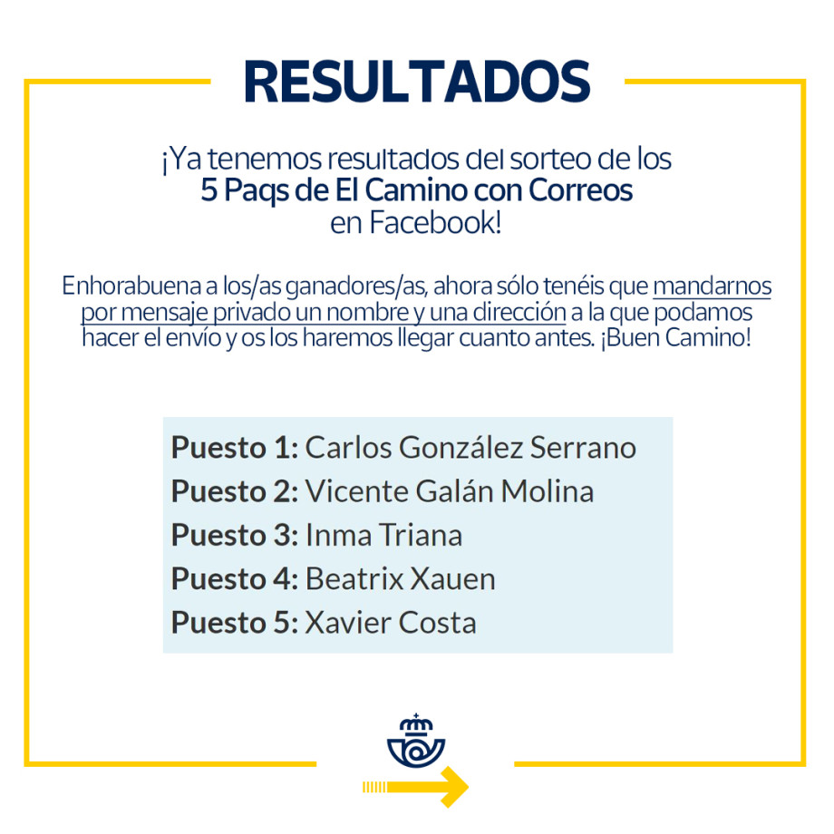 Ganadores del sorteo en Facebook de 5 Paqs de El Camino con Correos