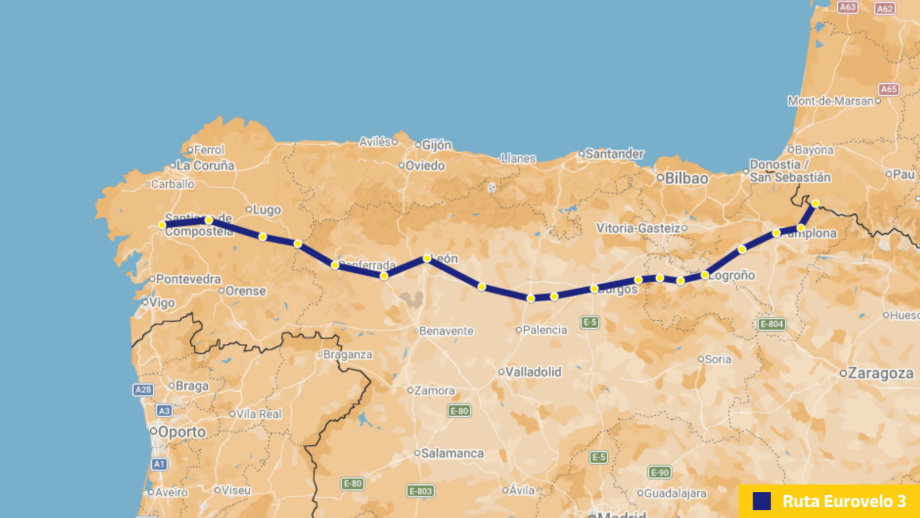 Mapa de la Ruta Eurovelo 3 con el Camino de Santiago Francés