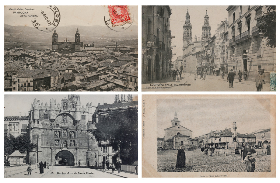 Postales de la exposición 'Camiño ComPostal' de las ciudades jacobeas de Logroño, Pamplona, Burgos y León