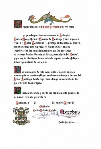 Carta Peregrina que se entrega en Sahagún