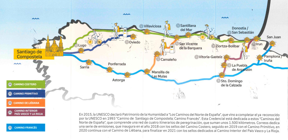 Mapa de los itinerarios jacobeos de los Caminos del Norte peninsular