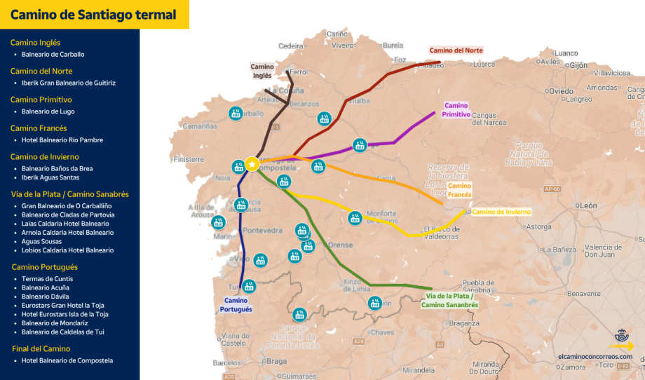 Mapa de los balnearios de Galicia