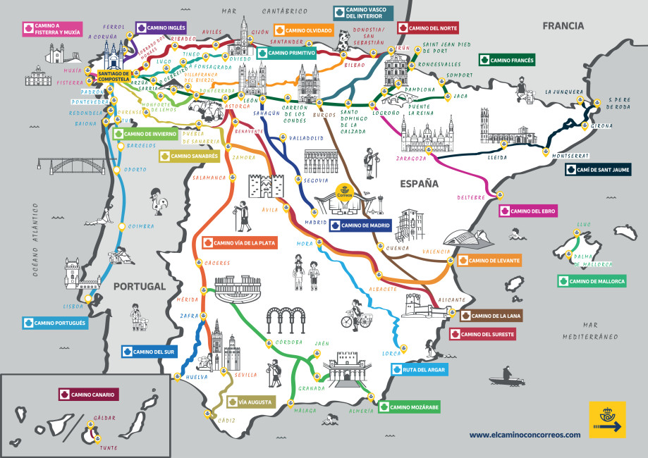 Mapa con las principales Rutas del Camino de Santiago en España