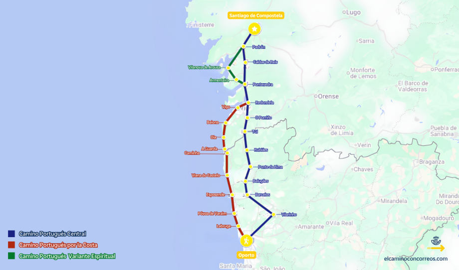 Mappa del Cammino Portoghese da Porto