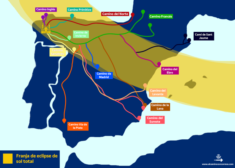 Mapa con las rutas del Camino de Santiago desde donde se podrá ver el eclipse