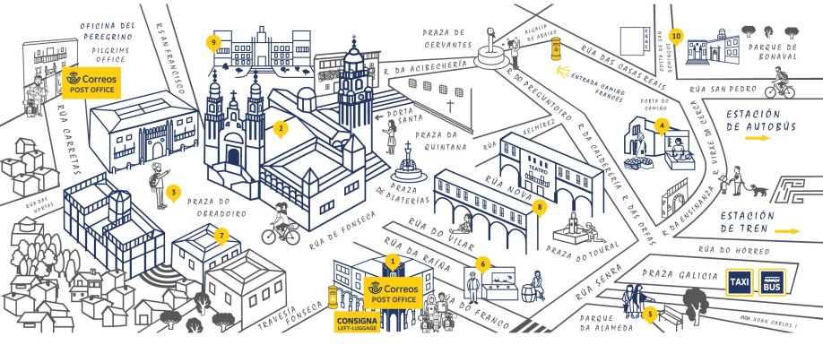 Plano de Santiago de Compostela con 10 cosas que hacer