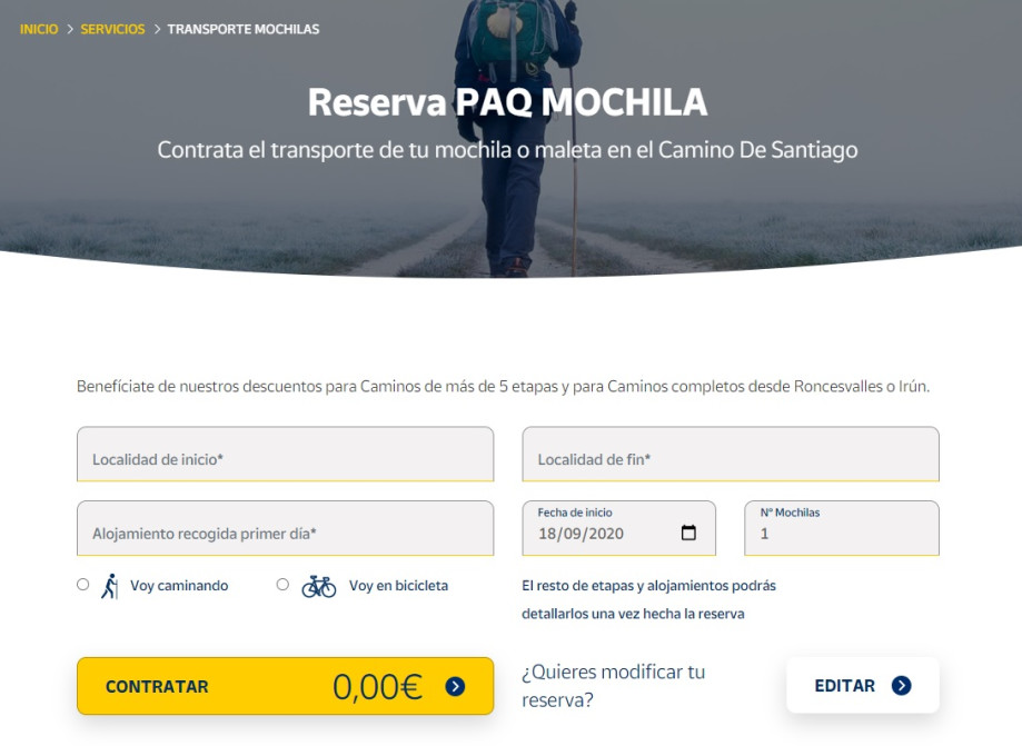 Formulario de contratación online del Paq Mochila