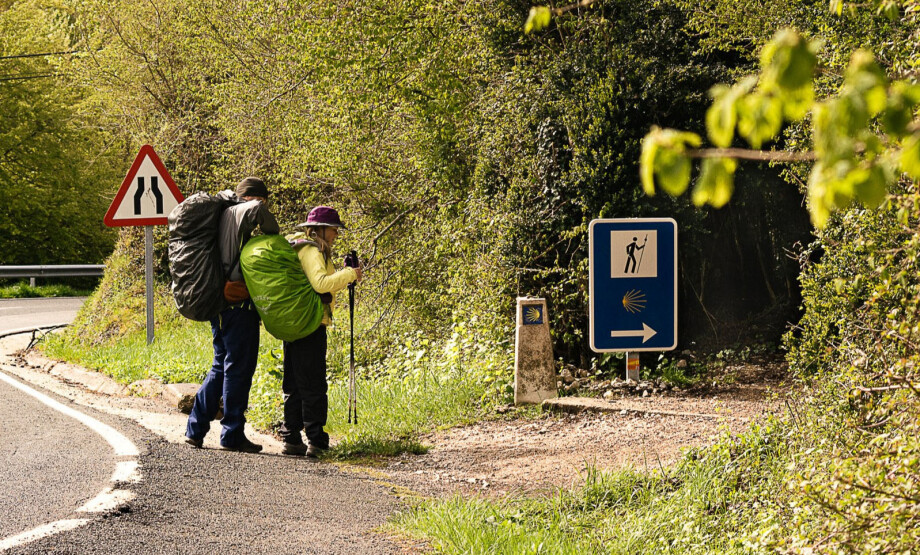 Concha del Camino de Santiago y señal con pictograma del peregrino
